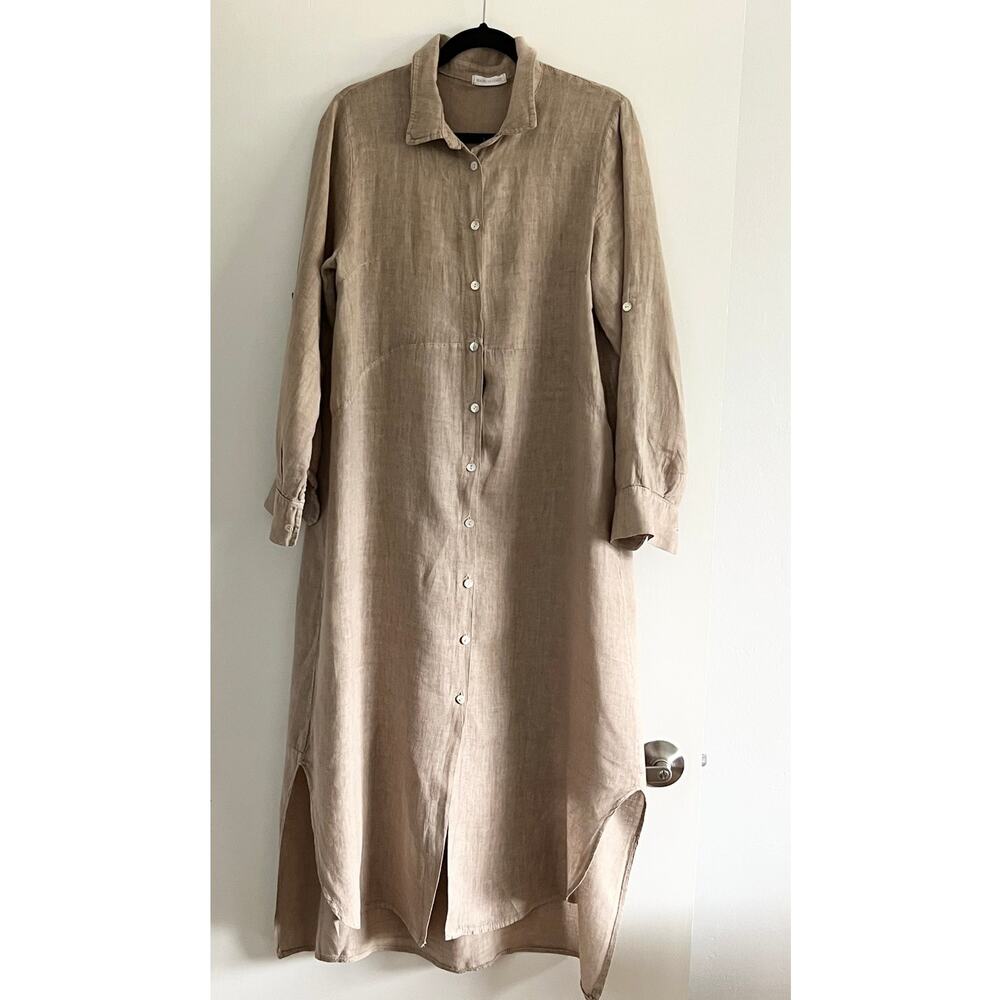 Made in Italy 100% Linen Shirt Dress Beige Tan Maxi Lagenlook M beach coverup